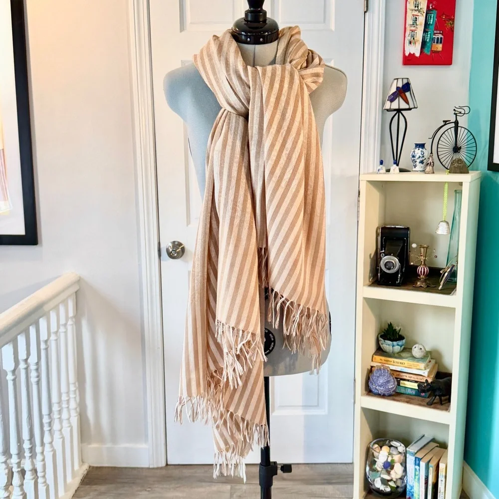 Nazakat 100% Pure Wool Beige and White Striped Shawl with Paisley Detail